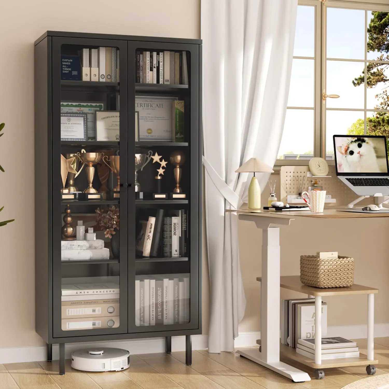 

Glass Display Cabinet, Metal Curio Cabinet with Tempered Glass Doors & Adjustable Shelves, Metal Storage Cabinets for Living