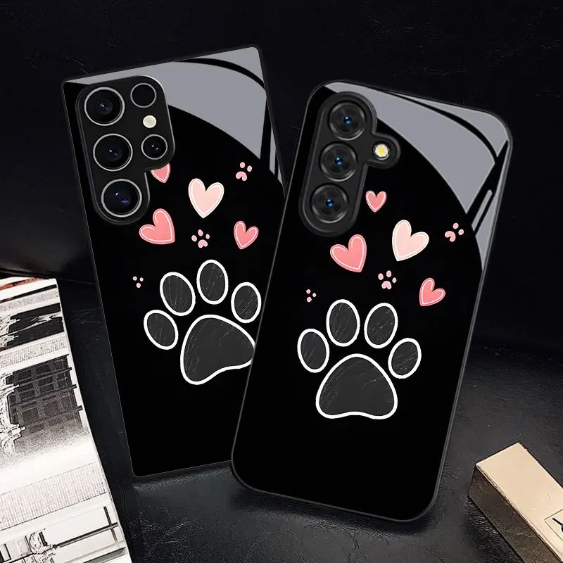 Cute pet paw print pattern glass phone case suitable for Samsung Galaxy S26 S25 S24 S22 S21 S20 FE/Ultra/Plus anti fall