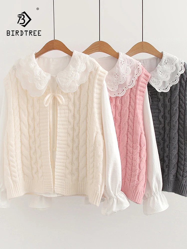 

New 2025 Winter Cotton Blending Shirt Knit Vest Set, Women O Neck Lace-up, Mori Girl Chic Preppy Style Loose Blouse Set S5N664CC