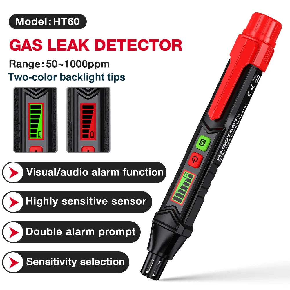 HT60 50-1000ppm Natural Gas Leak Detector with Audible & Visual Alarm, Portable Gas Sniffer LCD Display Combustible Gas Detector