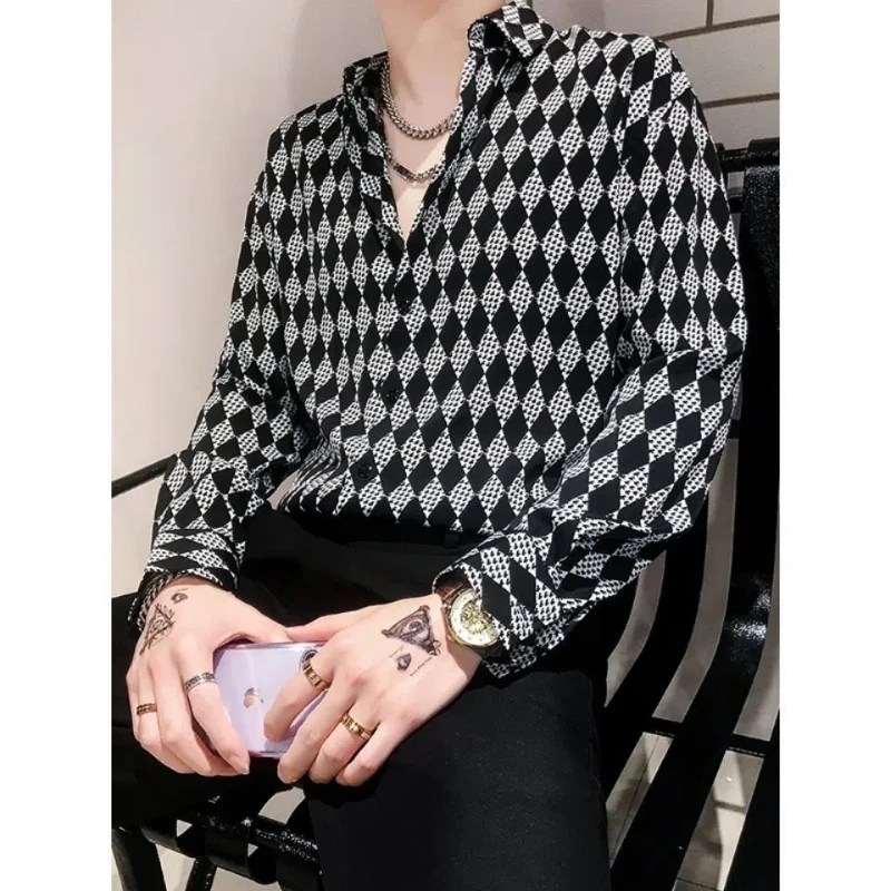 Spring Autumn Fashion Pure Cotton Turn-down Collar Long Sleeve Diamond Check Blouse Men\'s Clothing Trend Button Vintage Shirts