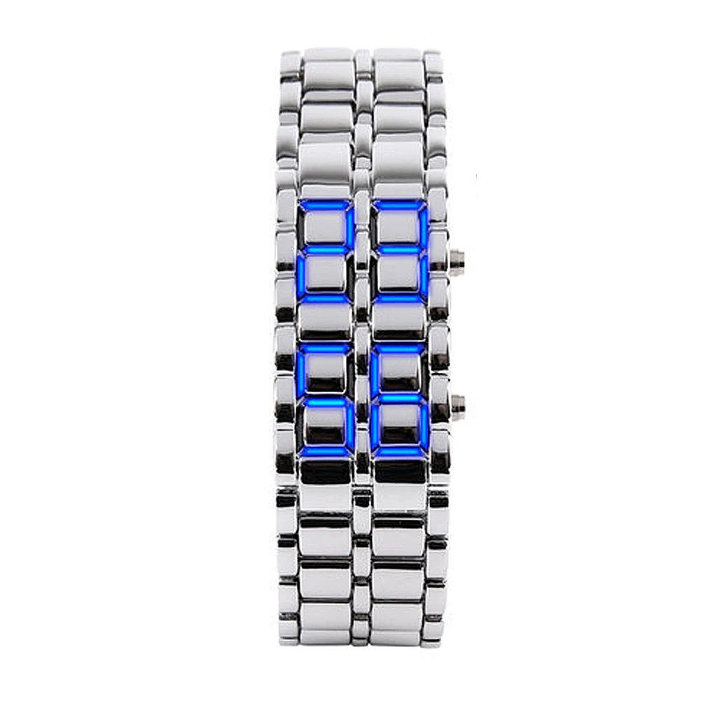 Fashion Black Full Metal Digital Lava Wrist Watch Men Red/Blue LED Display Men\'s Watches Gifts for Male Boy Sport Creative Clock