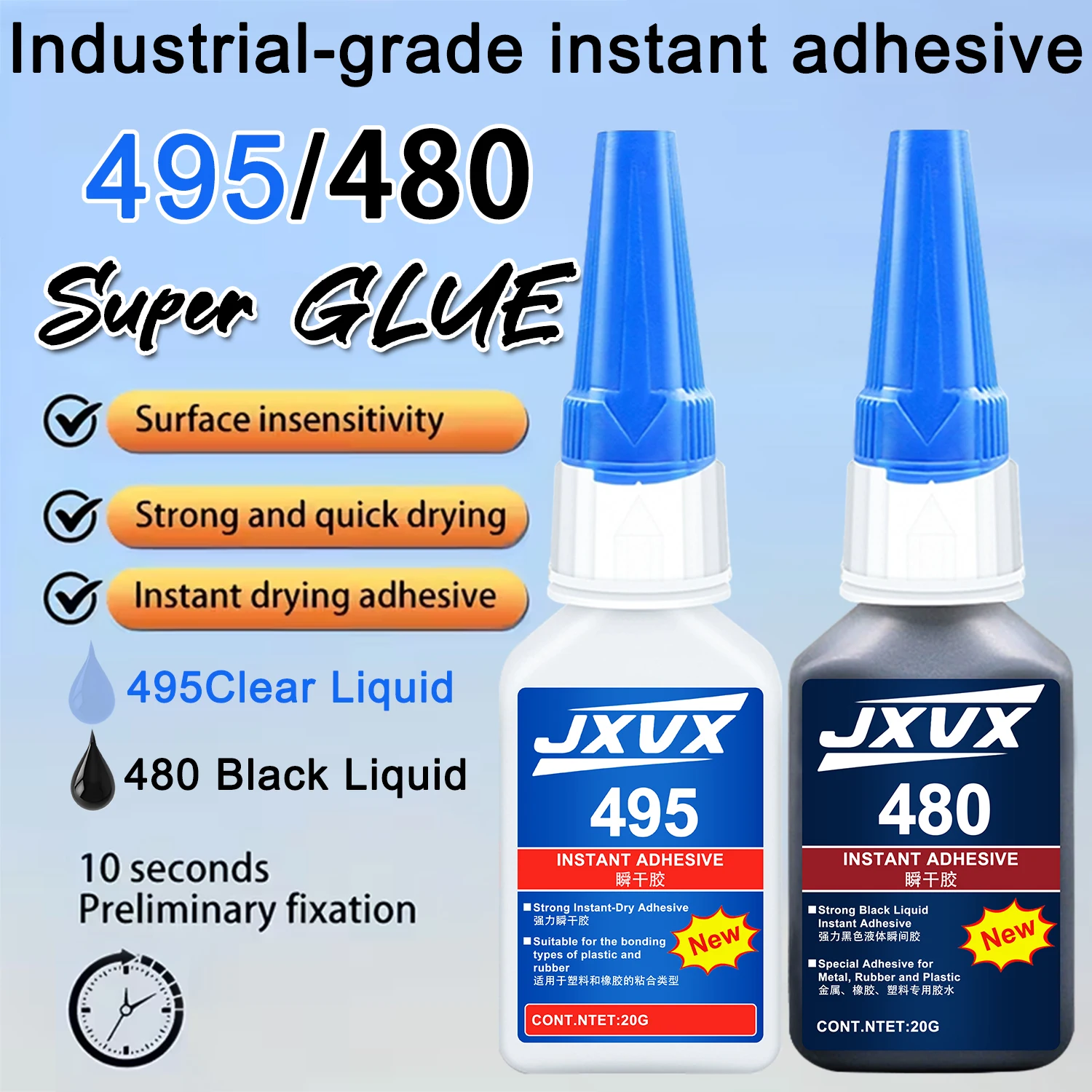 Adhesivo instantáneo 495/480 ecológico recientemente mejorado. Contiene cianoacrilato superresistente adecuado para reparaciones automovilísticas. Caucho, plástico, madera. Con aplicador de precisión. Pegamento 110 ml.