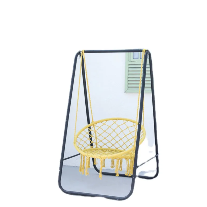 Boho Hand Woven Cotton Rope Swing Chair With Free Standing Black Metal A Frame Yellow Hammock Chair Set