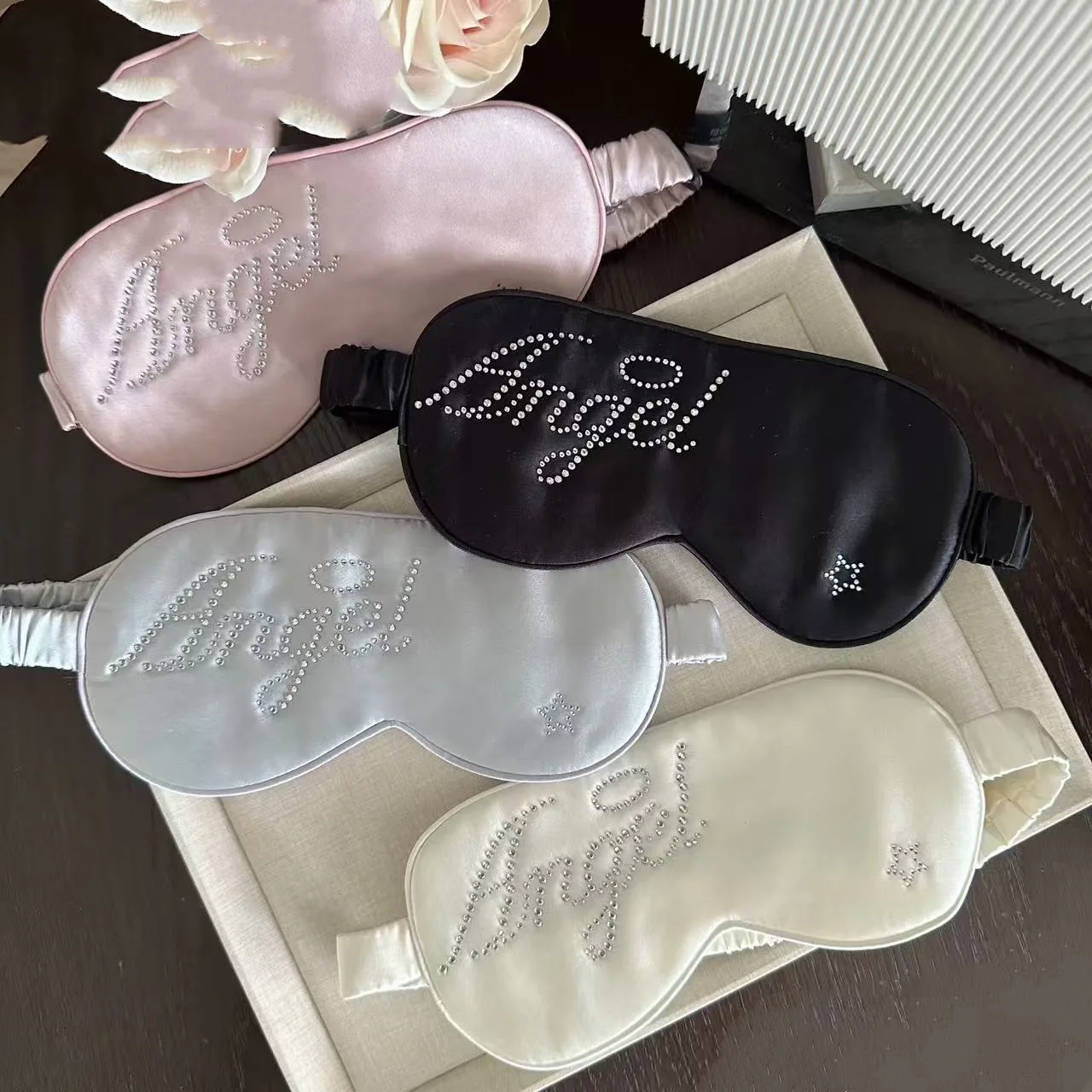 

Personalized rhinestone name logo eye mask, double-sided mulberry silk shading sleep eye mask, with strap and cuff