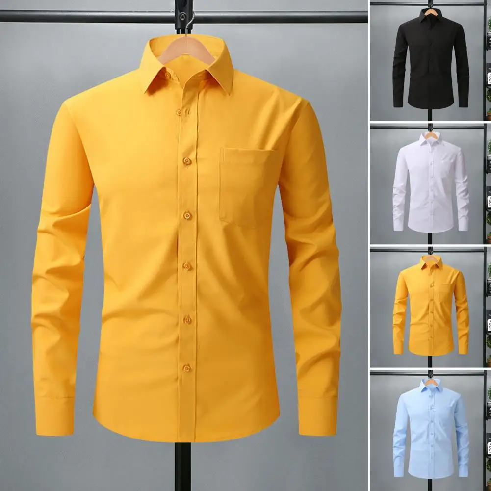 Camisa de vestir de primavera y otoño para hombre, camisa de negocios Formal de longitud media con solapa, ajustada, elástica, de un solo pecho, de manga larga, Color sólido