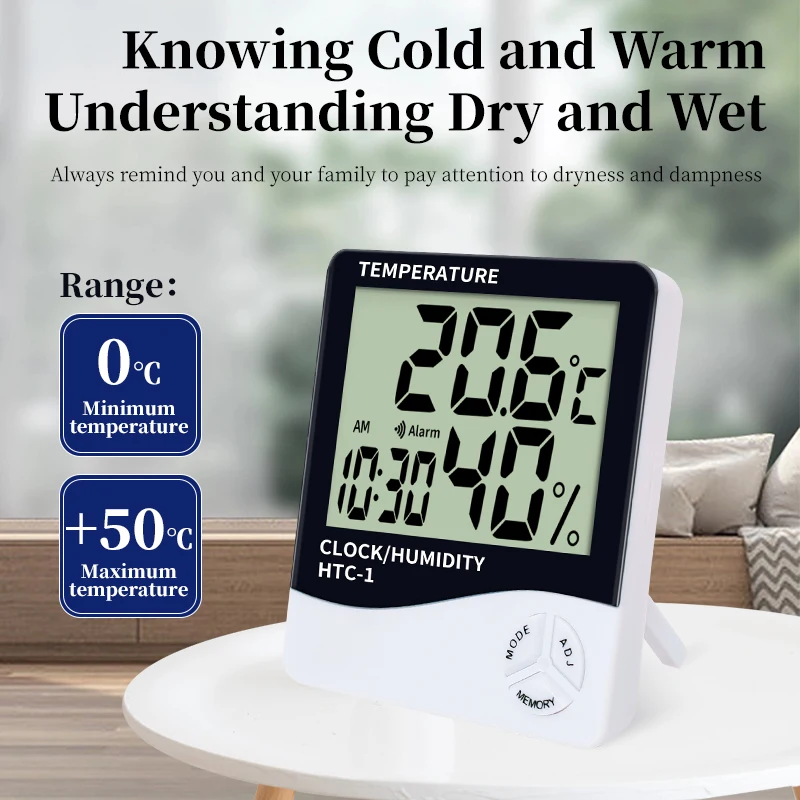 Digital Household Temperature Humidity Meter Indoor Room Outdoor Alarm Clock Thermometer Hygrometer Weather Station HTC-1