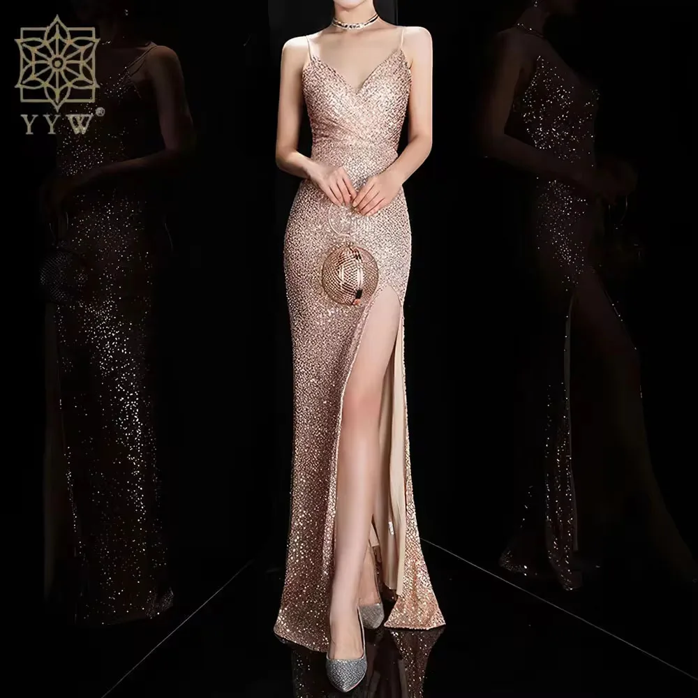 Sexy Elegant V Neck Sequin Long Evening Dresses 2024 New Women Formal Dress Party Gown Bodycon Maxi Prom Dress Mermaid Dress