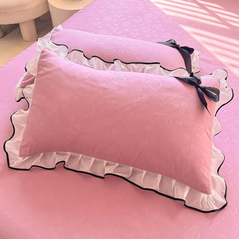 2 uds funda de almohada de encaje de estilo coreano blanco/azul/púrpura funda de almohada estándar para niñas funda de almohada de cama de princesa de Color sólido 48x74cm