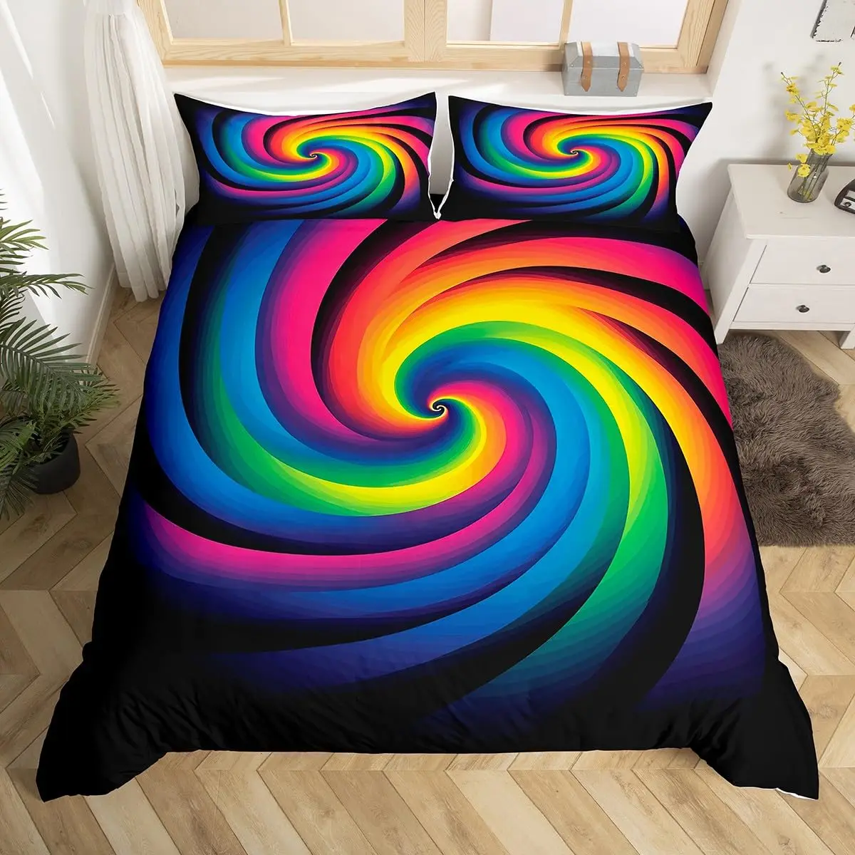 Visual Space Bedding Set, Colorful Art Comforter Cover, Rainbow Gradient Duvet Cover, Optical Illusion Bedspread Cover Full King