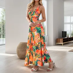 Strappy Boho Beach Long Dress 2024 Women's Summer V Neck Slim Sleeveless Maxi Floral Dress Sexy Backless Hawaii Beach Dresses