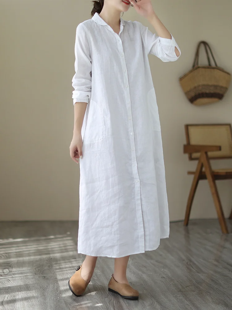 تنورة فنية طويلة من القطن والكتان من Dr irt ملابس نسائية مصممة خصيصًا بخصر فضفاض وزر واحد لون نقي للتنقل #2