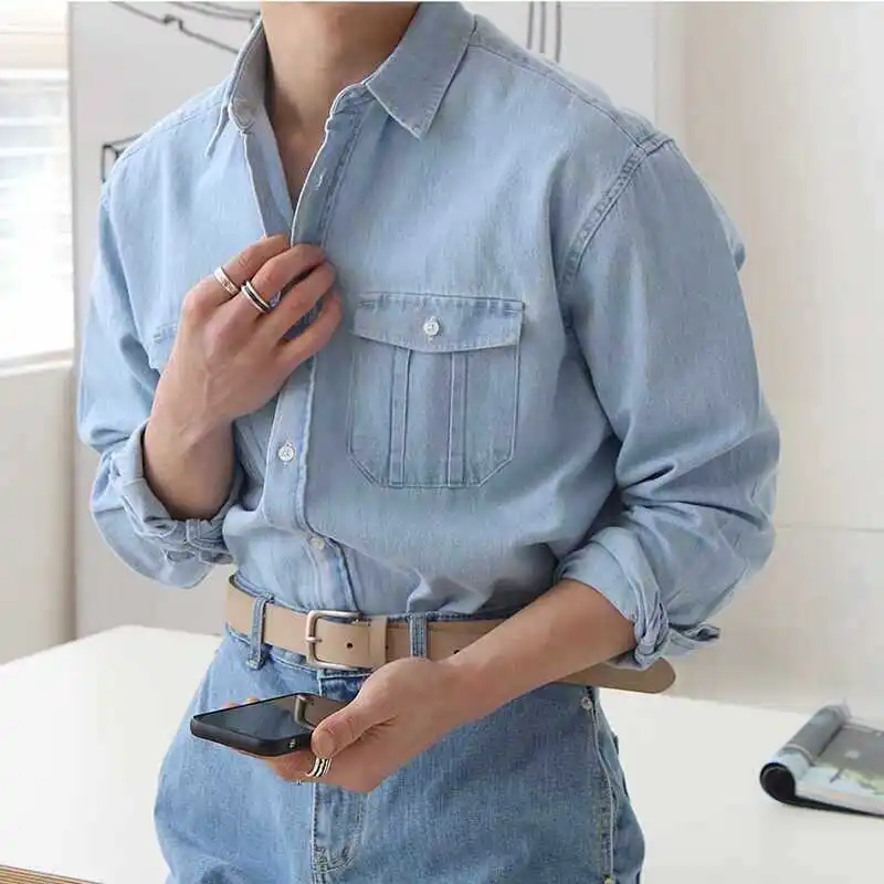

Spring Autumn New Fashion Japanese Men's Solid Color Loose Turn-down Collar Long Sleeve Casual Trendy Cargo Shirt Coats Male Top