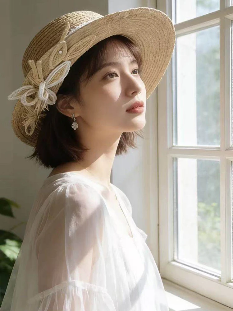 手織り麦わら帽子-レディース-夏用-つば広日よけ帽子-ビーチバケーション-フラットトップ麦わら帽子-通気性-カジュアルスタイル-サイズ調整可能