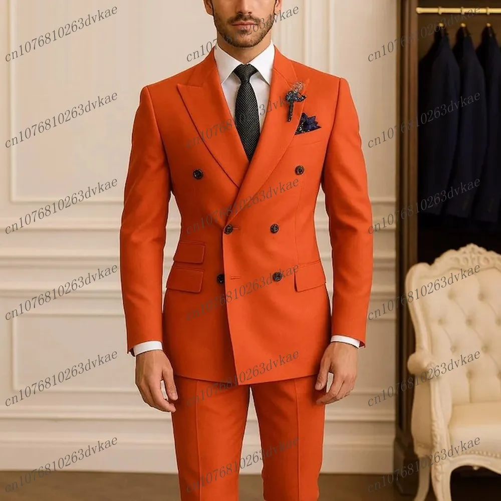 

New Orange-red Business Men Suit Groom Groomsman Wedding Party Prom Male Formal Occasion Tuxedos 2 Piece Set Blazer Pants
