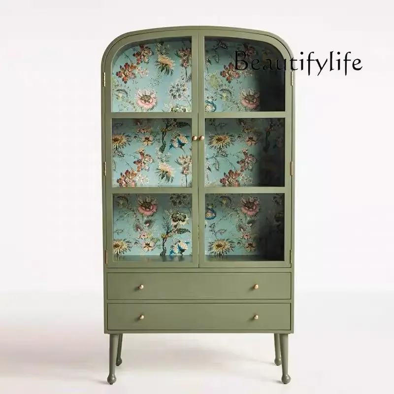Q French retro solid wood storage wine cabinet American country decorative cabinet storage display cabinet bookcase dining edge