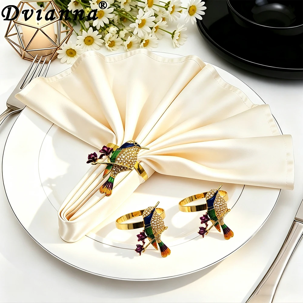 6Pcs Rhinestone Hummingbird Napkin Rings Enamel Gold Metal Napkin Holder for Wedding Banquet Dinner Table Decor