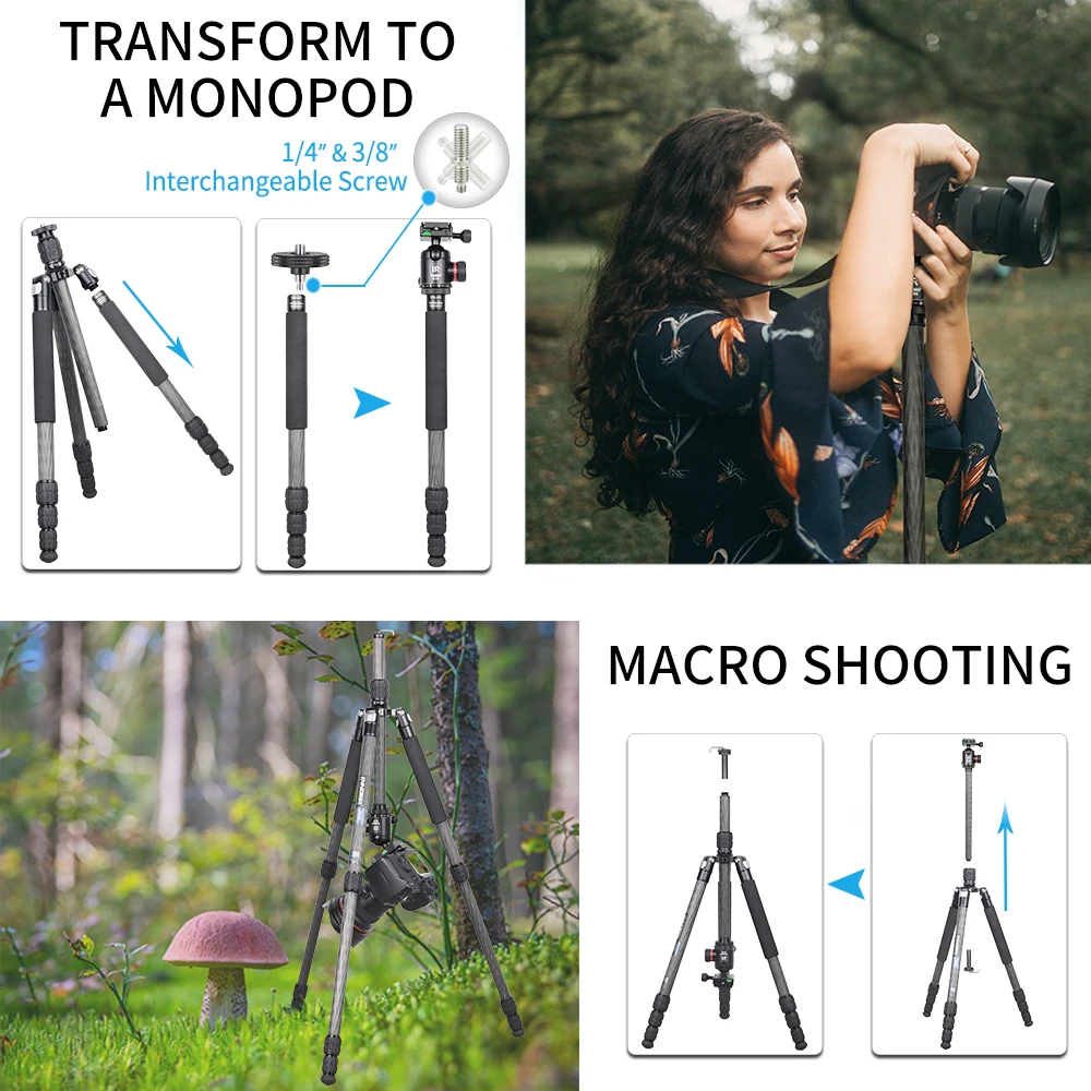 Portable Carbon Fiber Tripod-INNOREL RT45C Professional Travel Lightweight Monopod for DSLR Camera with Ballhead, Load 15kg