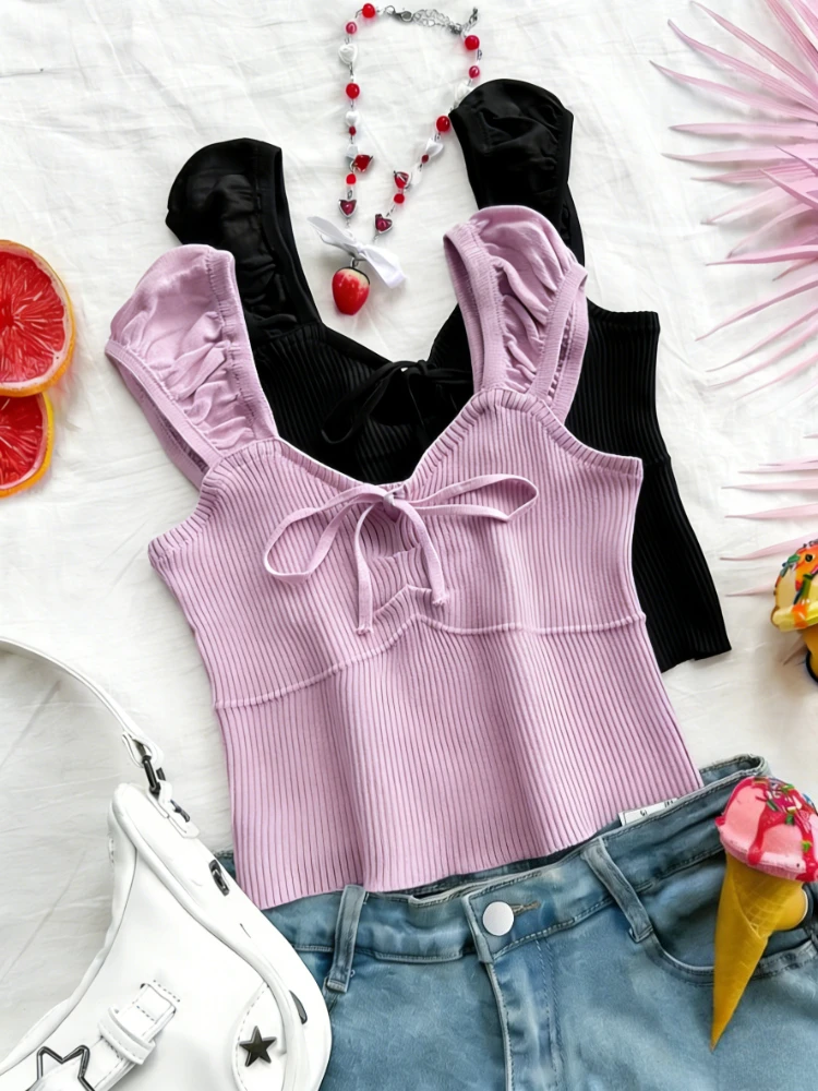 

Фиолетовый укороченный топ-камисоль с драпировкой и завязками спереди, с вырезом «сердечко», из тонкого эластичного трикотажа в рубчик, летний, женский