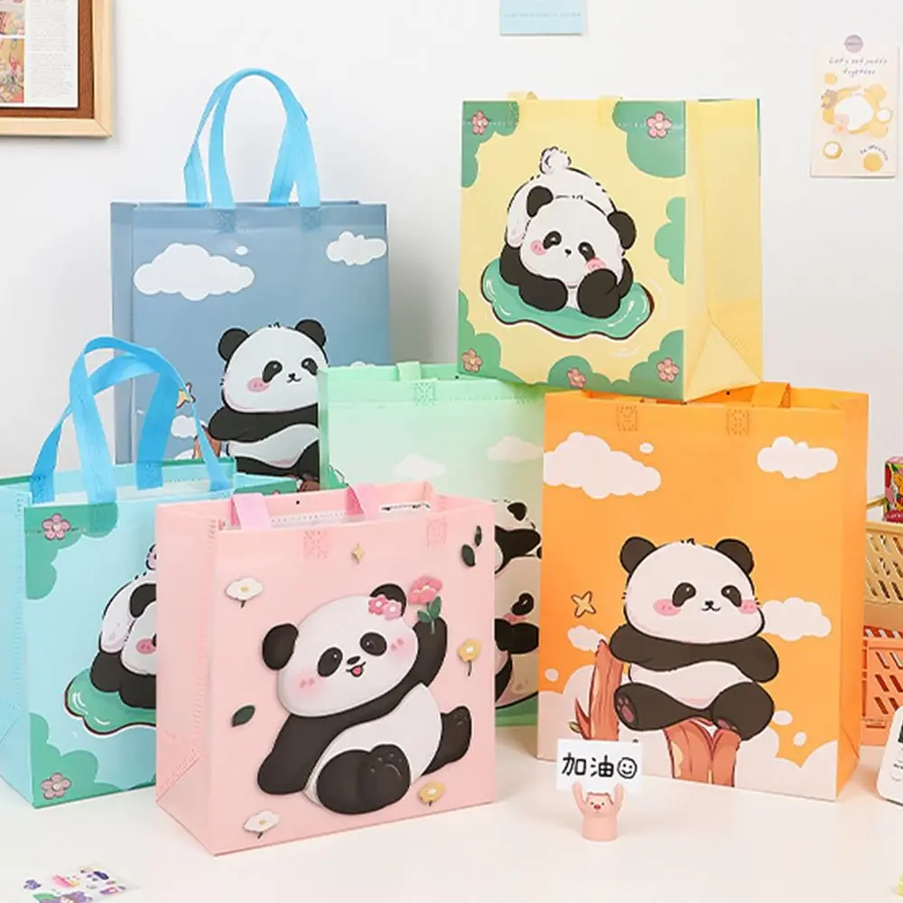 Grande capacidade Cartoon Panda sacola não tecida, Saco de armazenamento colorido com alças, Eco Friendly sacos de compras para meninas