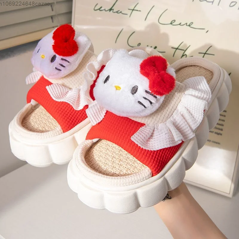 Sanrio Hello Kitty Platform Shoes Women Luxury Design Linen Bottom Breathable Fuzzy Slippers Y2k Female Cartoon Trend Flat Shoe