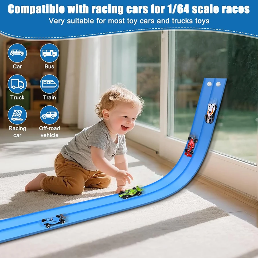 Pista de carro de corrida flexível de plástico para crianças, brinquedo com 12 ventosas e 4 juntas amarelas, compatível com 4 carros fundidos em liga 1:64