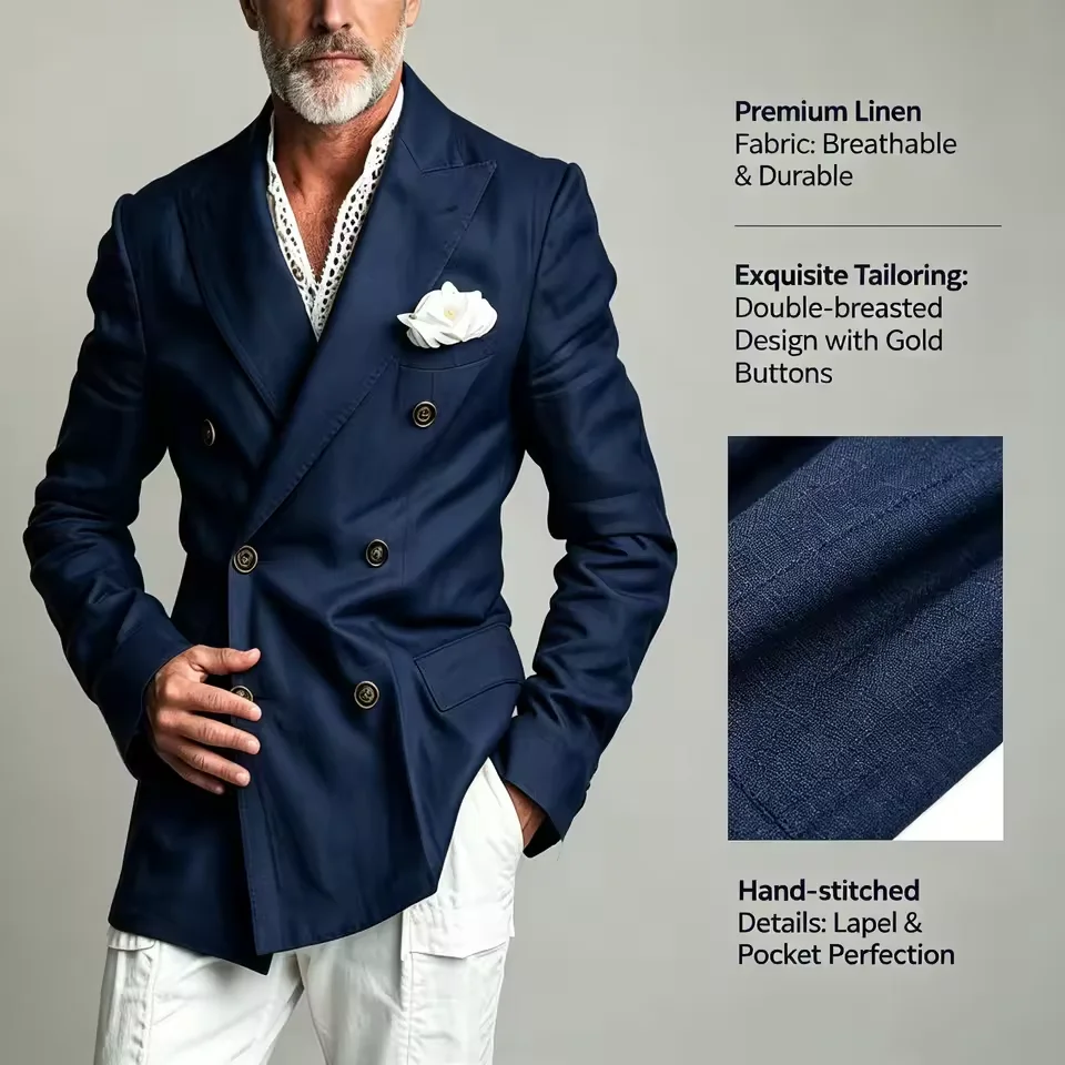 Men's Chic Peak Lapel Linen Blazer Slim Fit Suit Jacket Lightweight Breathable Casual Business Summer Wedding Party Daily Coat