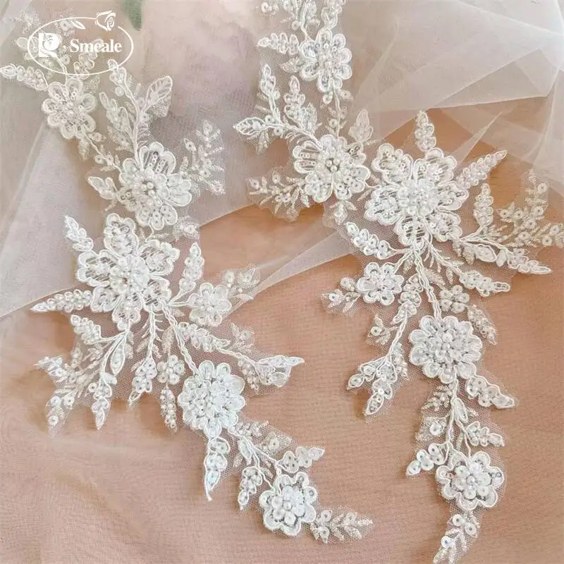 33,5 x 16 cm Weiße Perlen-Pailletten-Blumen Bestickte Spiegel-Applikation aus Spitze. Patch DIY Hochzeitsaccessoires Nähzubehör – Detail 7
