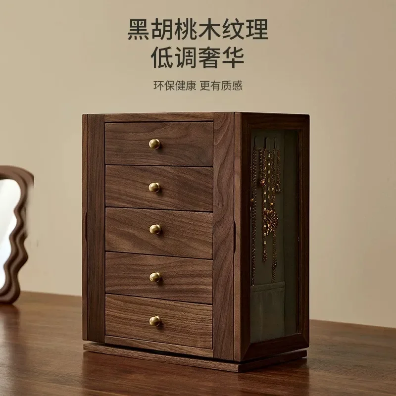 Solid wood jewelry storage box High-grade multi-layer compartment drawer earrings necklace box Rotatable gold jewelry box