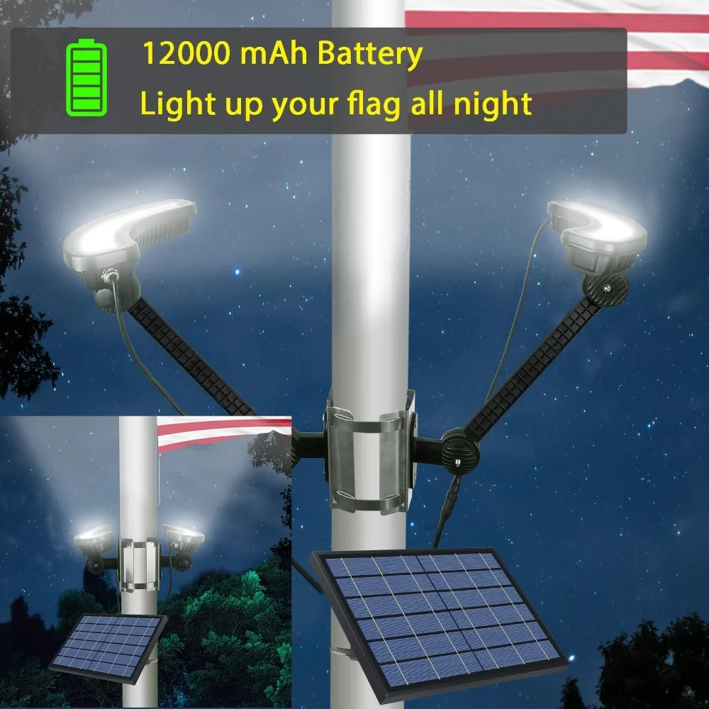 

Солнечная фонарь для флагштока, 12000 мАч, 2600 люмен, водонепроницаемость IP65, регулируемый зажим для уличных флагштоков