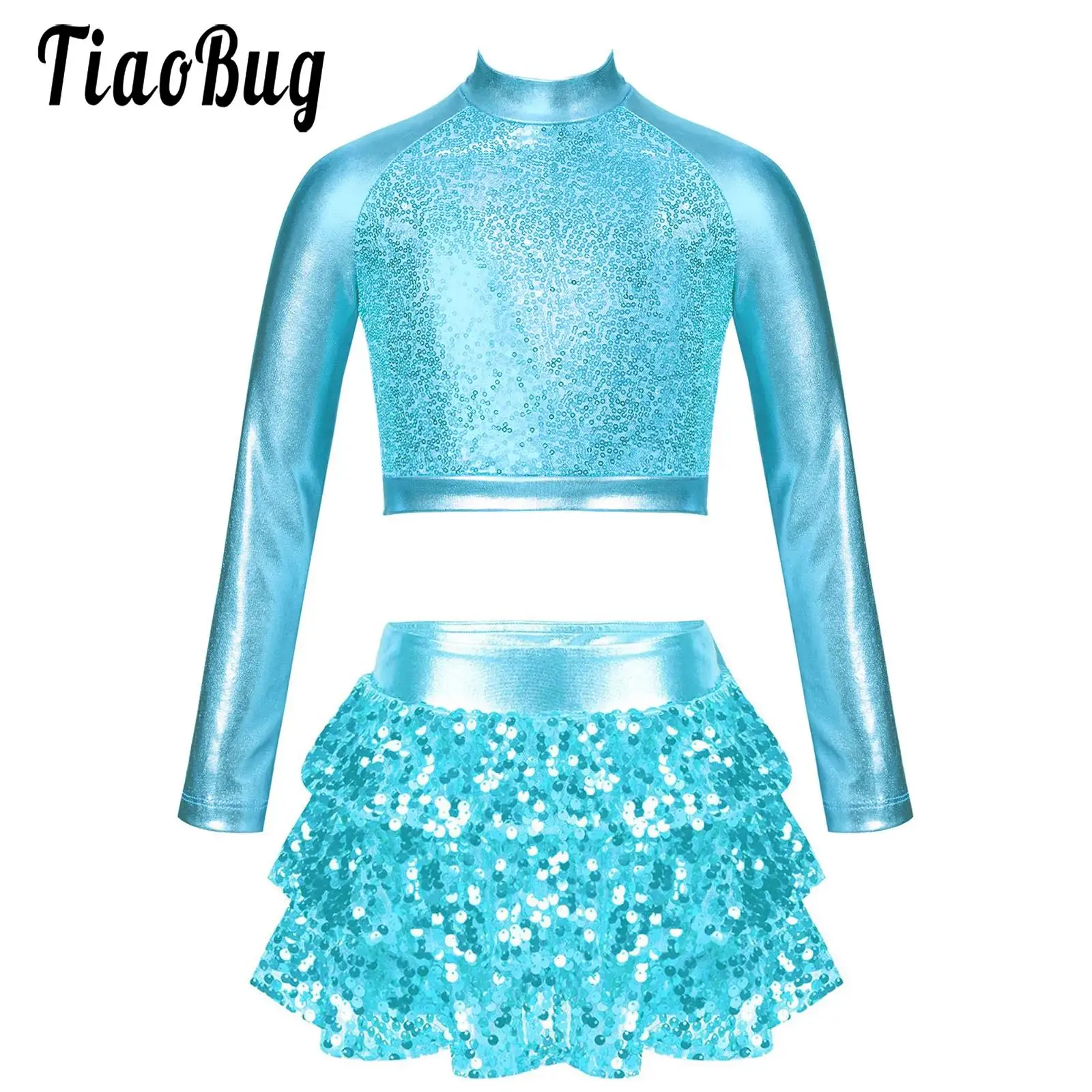 

Kids Girls Shiny Sequins Jazz Hip Hop Dance Outfits 2Pcs Modern Dancing Costumes Performance Dancewear Crop Top Skirted Culottes