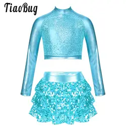 Kids Girls Shiny Sequins Jazz Hip Hop Dance Outfits 2Pcs Modern Dancing Costumes Performance Dancewear Crop Top Skirted Culottes