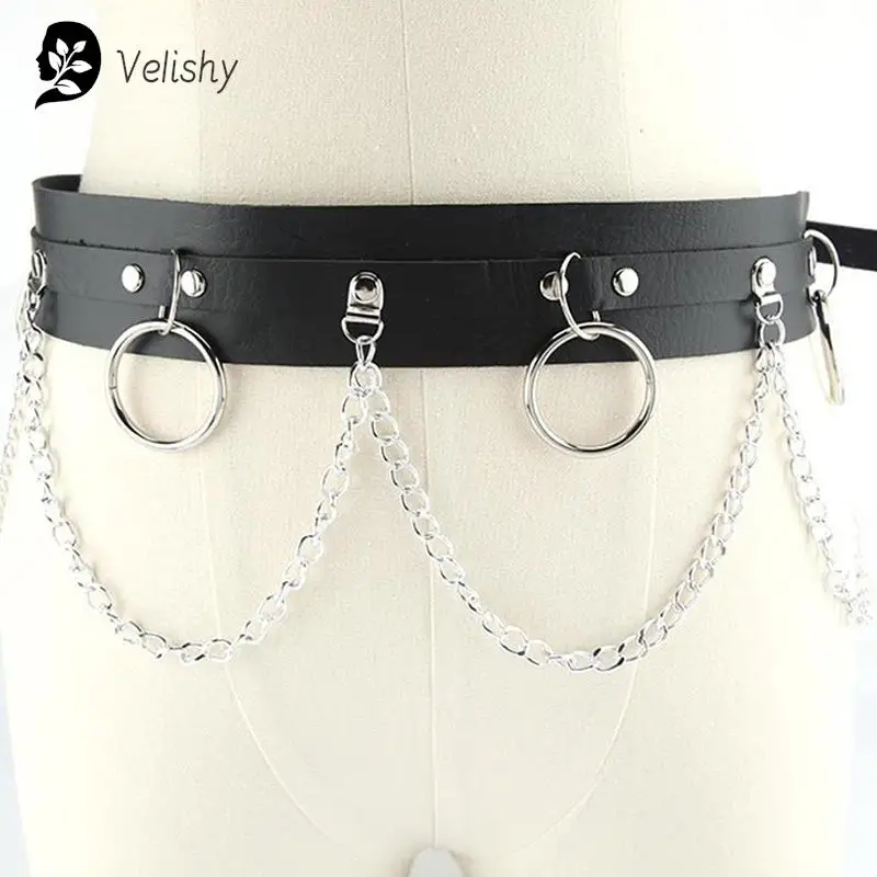 Faux Leather Metal Circle Chain Tassel Waist Belt Punk Gothic Body Accessories