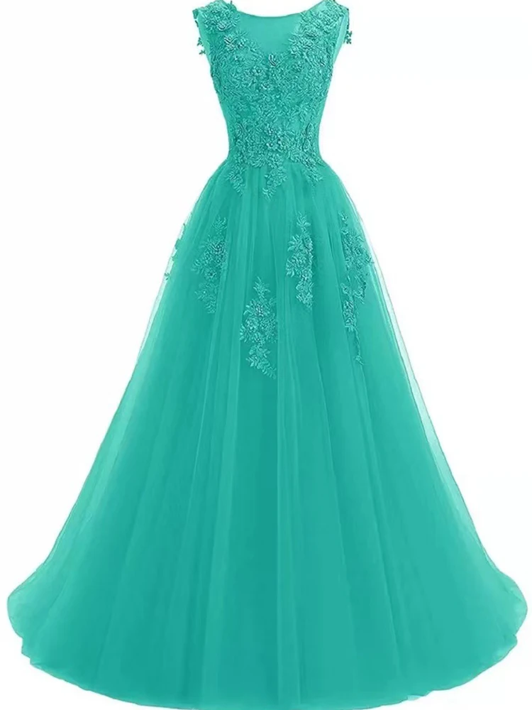 

A Line Women Evening Dresses Scoop Neck Appliques Tulle Prom Party Gowns Formal Vestido De Noche Abenkleider