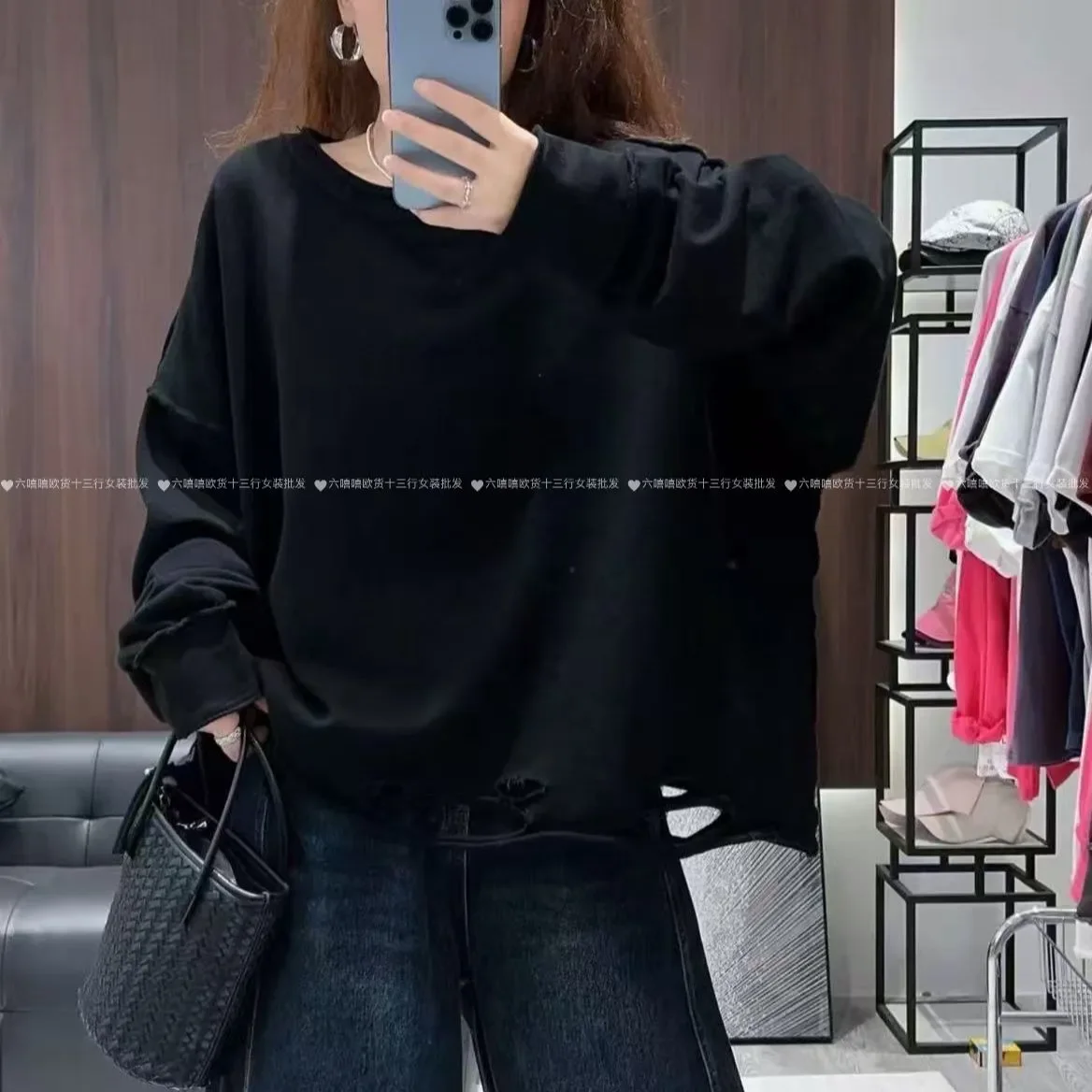 Felpa a maniche lunghe strappata casual girocollo alla moda stile coreano allentato per donna Top personalizzato versatile in tinta unita