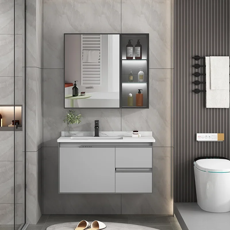 

Modern Ceramic Bathroom Cabinet Integrated Basin Solid Gray Washbasin Combination Simple Intelligent Mobile Bagno Furniture