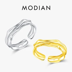 MODIAN 925 Sterling Silver Geometric Lines Texture Open Size 6-9 Finger Rings Trendy Gold Color Stackable Fine Jewelry For Women