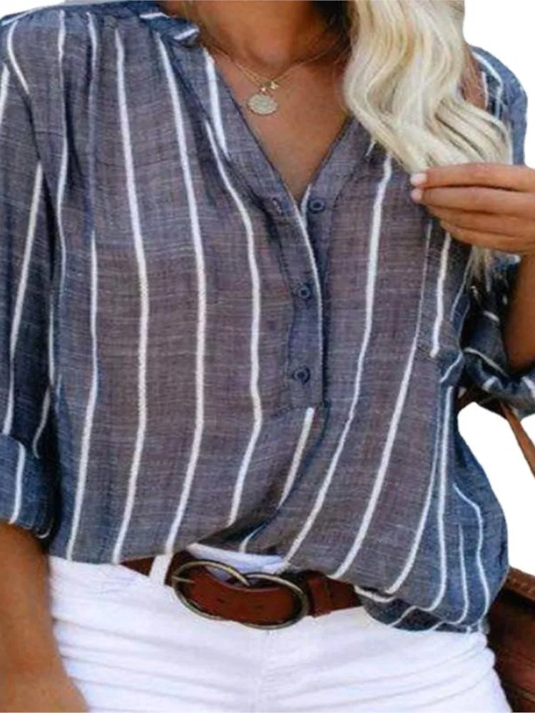 Новинка 2023 года, женская рубашка в полоску, полуоткрытый свободный топ с v-образным вырезом и длинными рукавами, летняя женская модная повседневная рубашка на пуговицах