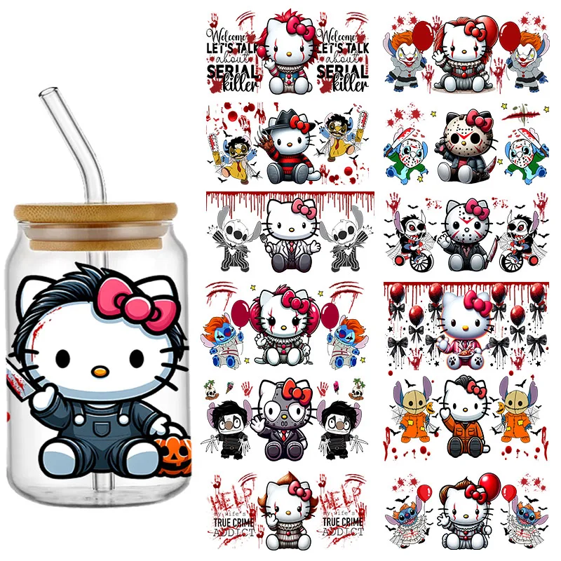 

3D Miniso Halloween Hello Kitty UV DTF Cup Wraps Transfer Sticker для стеклянной бутылки Libbey 16 унций, самоклеящаяся, водонепроницаемая