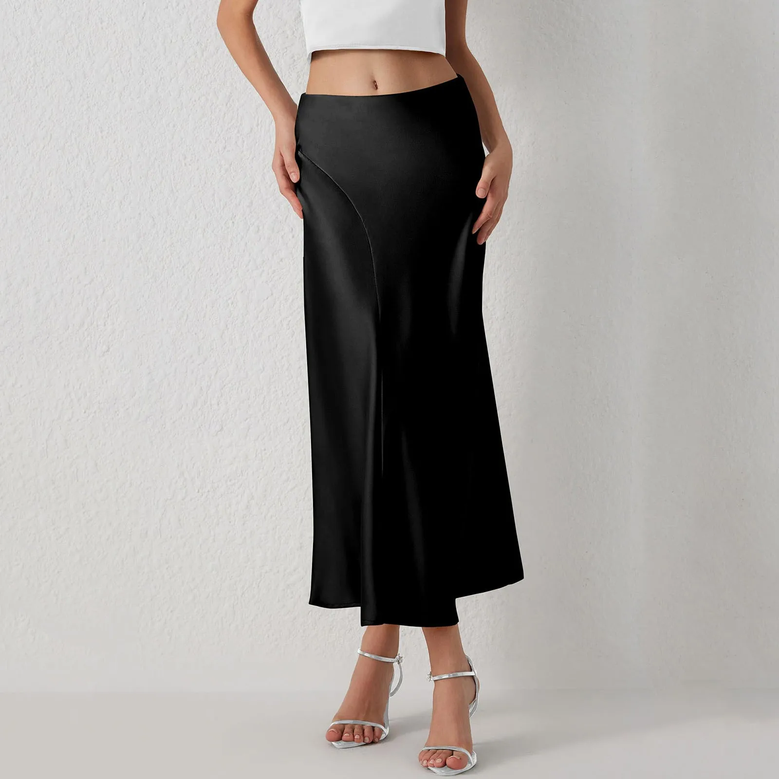 

Women's Satin Midi Skirts High Waisted A Line Elegant Cocktail Party Long Silk Half Bodies Skirts Solid Color Temperament Skirt