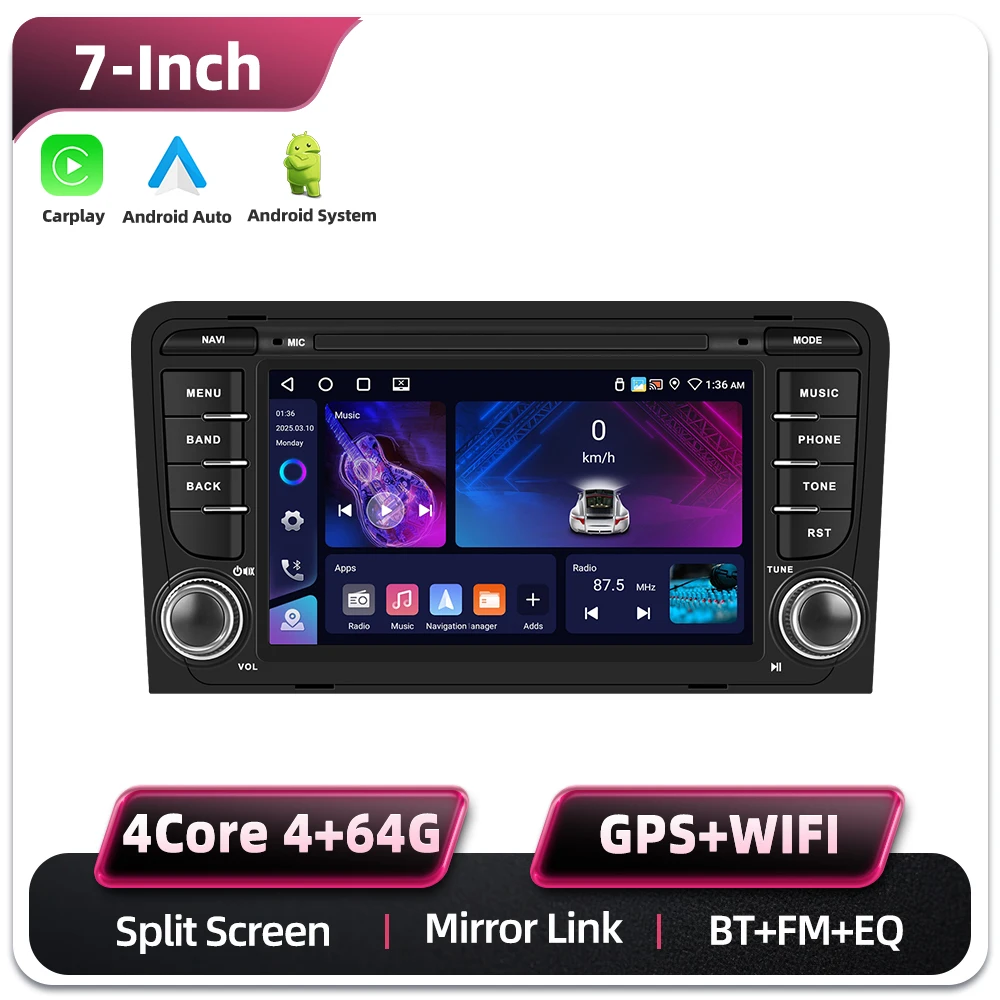 Podofo 7 Zoll 2 Din Autoradio Multimedia-Player für Audi A3 8P/A3 8P1 3-Türer Schrägheck/S3 8P/RS3 Sportback 6+128G HD Kapazitiver Touchscreen Kabelloses Carplay Android Auto Mirror Link