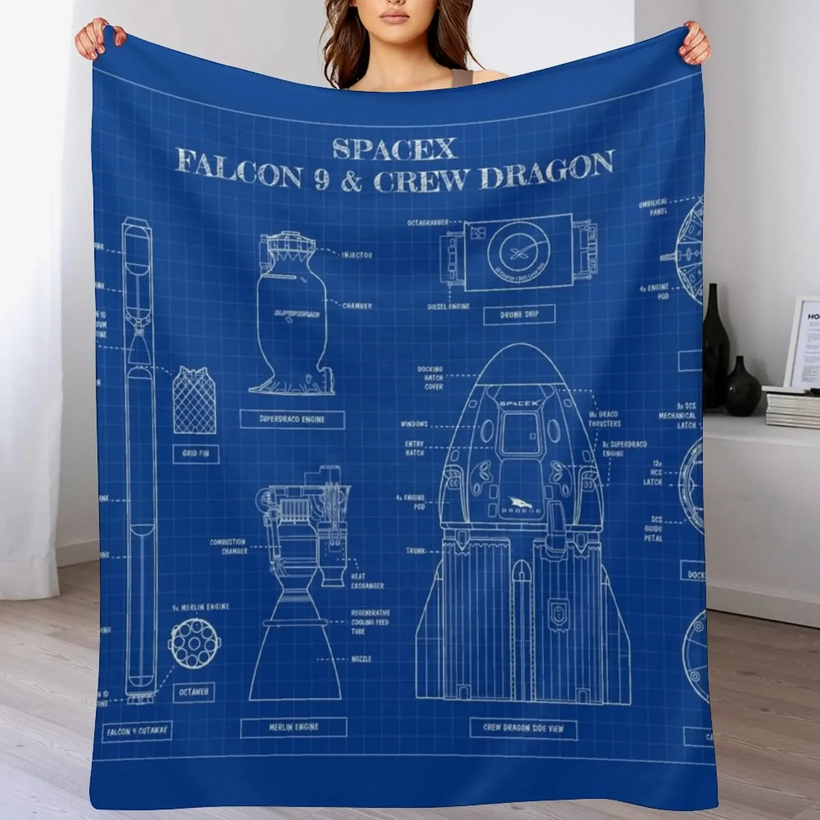 SpaceX: Falcon 9 and Crew Dragon (Blueprint-English) Throw Blanket Decorative Beds Luxury Blankets