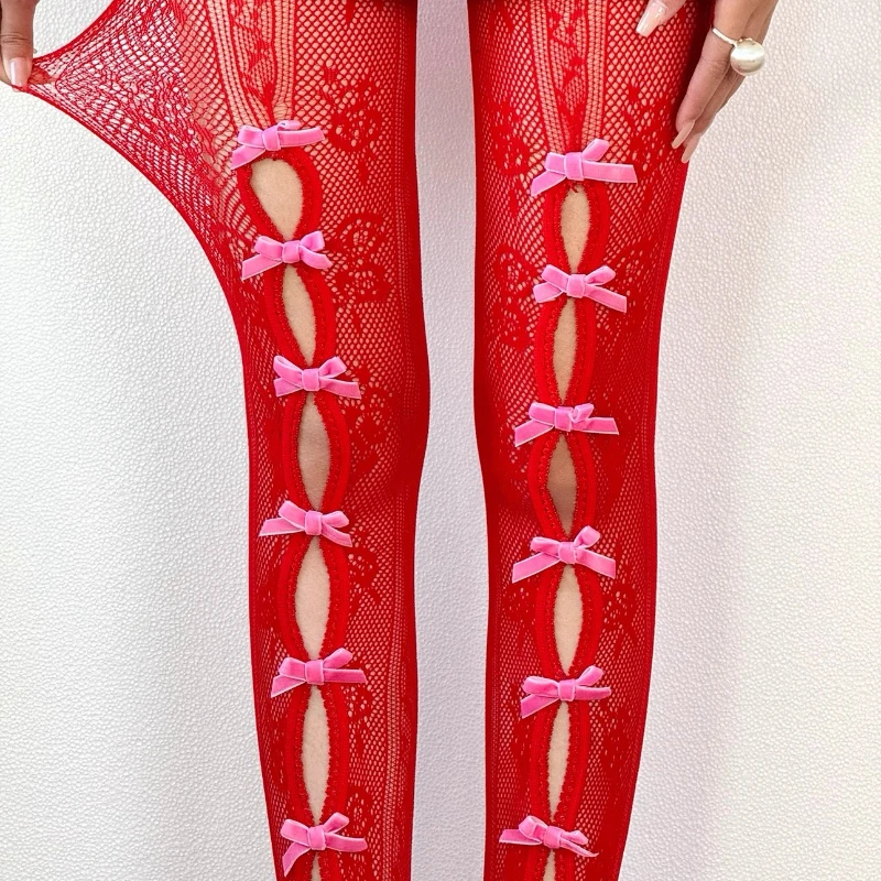 Original Design Red Sexy Hot Girl Bow Lace Hollow Out Women's Fishnet Stockings Japanese New Cute Girl Color-Block Tights Ladies