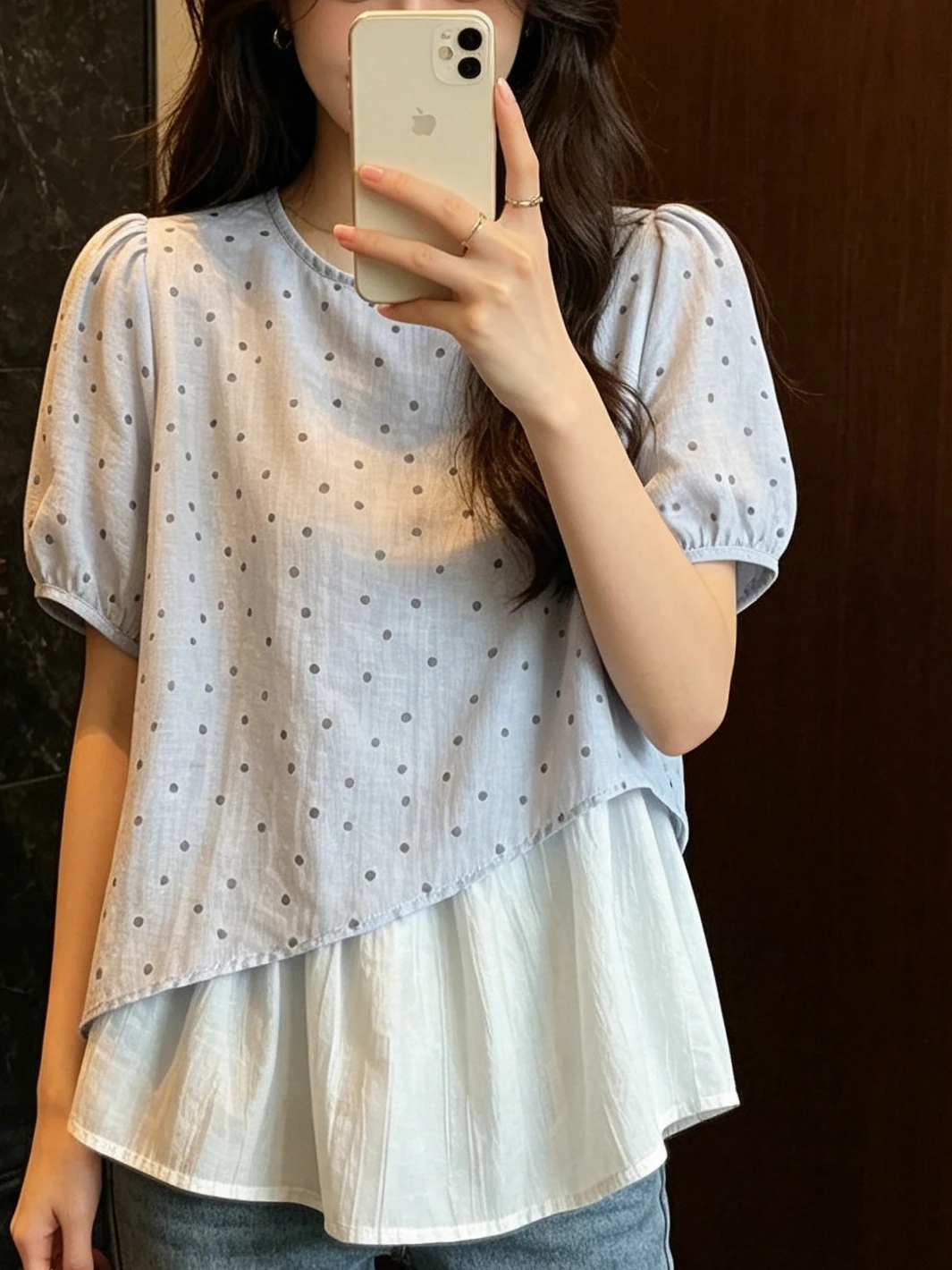 

plus Size Women's Summer Casual Polka Dot Short Sleeve Loose Doll Shirt Korean Style Design Breathable Comfortable Skin-Friendly