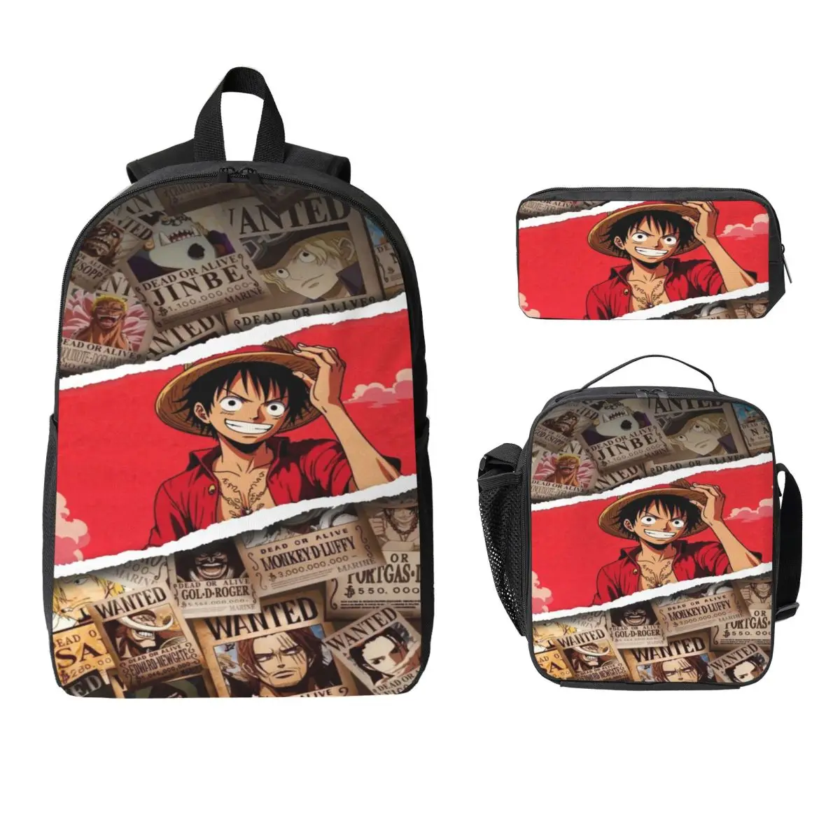 3Pcs Luffys O-one-pieces merch Backpack Set for Children Pencil Boxes Bookbag Sets with Lunch Box For School Students Daypack