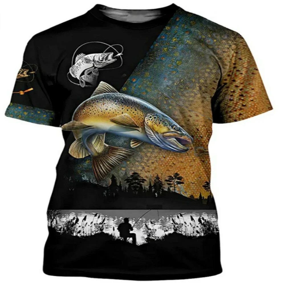 Men\'s and Women\'s Round Neck Short Sleeved Outdoor Casual T-shirt 3D Fishing Print Summer Quick Drying Breathable T-shirt