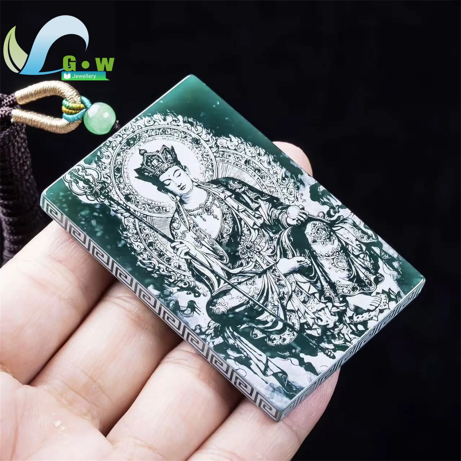Natural A Grade Jadeite Ksitigarbha Bodhisattva Pendant Double Sided Shadow Carving High Ice Old Stock Hanging Ornament Unisex