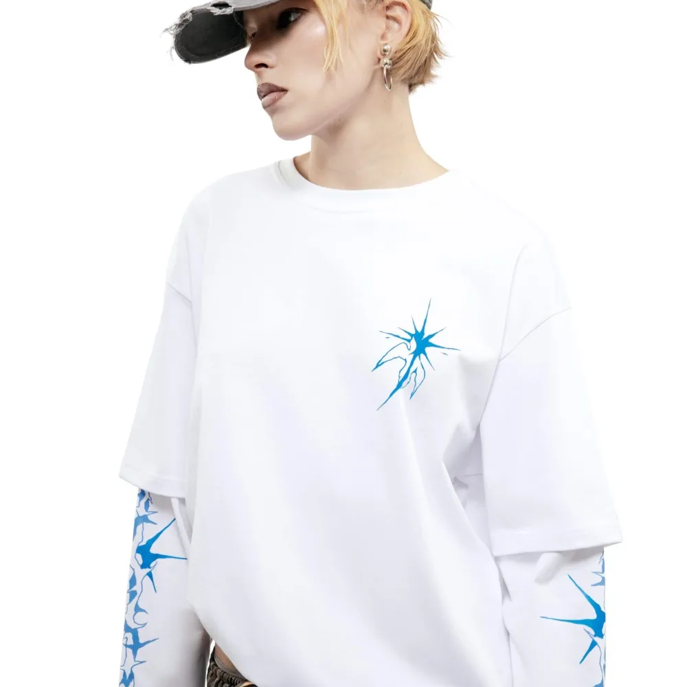 Harajuku Oversized Streetwear Men's Clothing Bright Side Graphic Print Hip Hop Fake Two Pieces Tshirts Long Sleeve Tops Goth Y2k