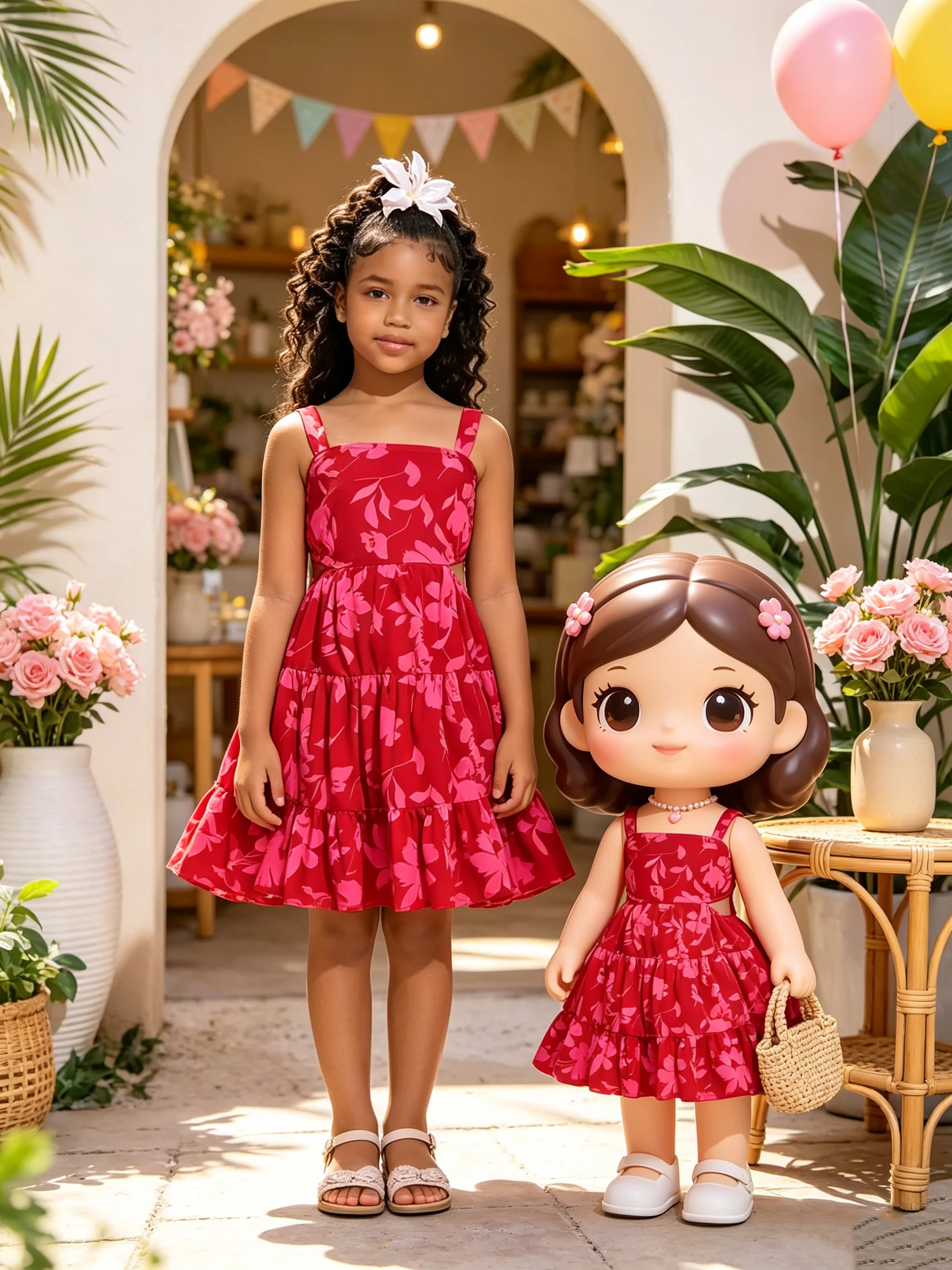 Mädchenkleid mit quadratischem Kragen, ohne Ärmel, mit Schleifenapplikation, dicken Trägern, Blattmuster und tailliertem Schnitt – ein modisches Kleid für Kinder. – Detail 2