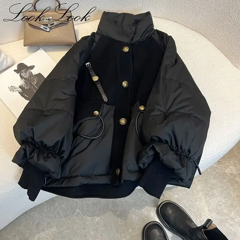 Chaqueta acolchada de algodón para mujer, abrigo negro suelto informal, Parkas gruesas y cálidas de gran tamaño, chaqueta de cuello alto súper